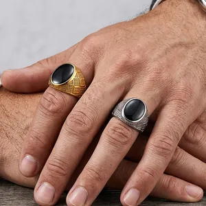 Vintage Men Signet Ring Stainless Steel Geometric Textured Ring with Oval Black Enamel Inlay Gold Silver Retro Punk Style Men Jewelry