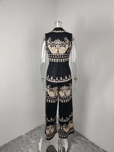 Back view of a black sleeveless wide-leg jumpsuit with an ethnic beige print pattern