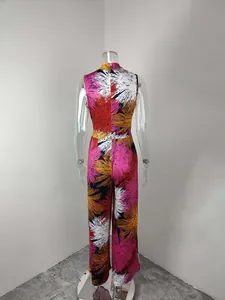 Detailed back view of a colorful printed sleeveless slim fit jumpsuit for summer wear