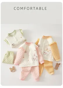 Quilted thermal baby underwear set with cute bunny embroidery and stand collar detail