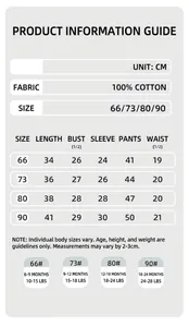 Comprehensive size chart for infant thermal clothing set with detailed measurements