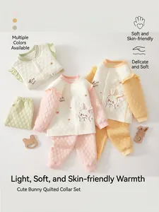 Baby Warm Quilted Cotton Two Piece Outfit Cartoon Rabbit Printed Ruffle Shoulder Long Sleeve Top And Pants Infant Loungewear