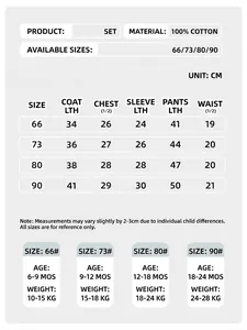 Comprehensive size chart for cotton infant thermal underwear set for 6 to 24 months