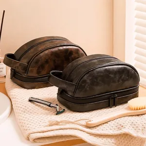 Beauty Case In Pelle PU Vintage Per Uomo Organizzatore Di Viaggi D'affari Impermeabile Multi Scomparti Con Doppia Cerniera E Maniglia