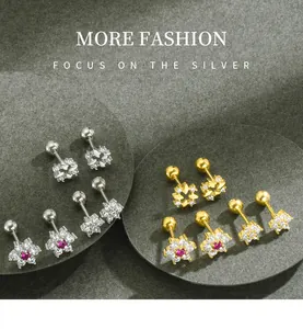 Exquisite S925 silver flower stud earrings with full CZ stones and screw back closure