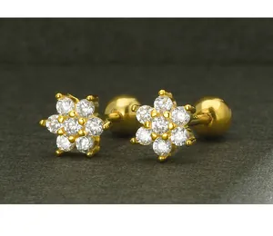 High-quality macro shot of s925 silver flower stud earrings with CZ and screw ball back