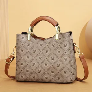 Fashionable monogram printed large capacity tote bag with brown leather handles and strap