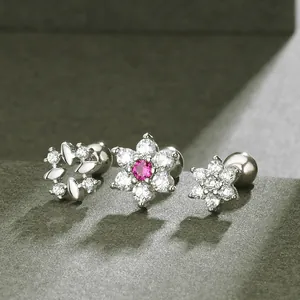 S925 Sterling Silver Flower Stud Earrings For Women Korean Style Sparkling Rhinestone Screw Back Ear Bone Jewelry No Removal For Sleep