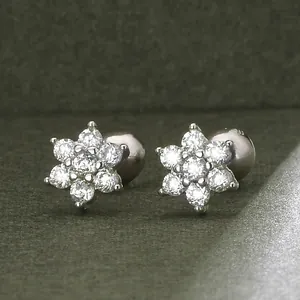 S925 sterling silver flower stud earrings featuring sparkling white zircon stones