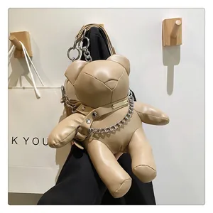 Einzigartige beige Teddybären-Handytasche aus PU-Leder mit Kettendetail für Damen