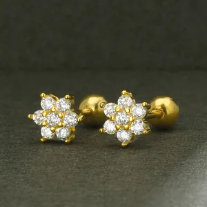 Elegant S925 silver flower stud earrings featuring full zircon pavé and secure screw ball back