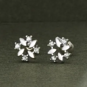 Elegant S925 silver flower stud earrings featuring marquise petals and cubic zirconia stones.
