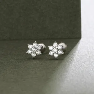 Elegant S925 silver flower stud earrings with sparkling crystals and screw back.