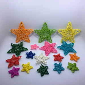 Detailed view of colorful woven rattan stars in various sizes for holiday decoration