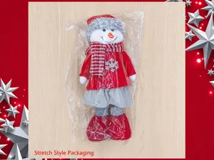 Vista dettagliata di un pupazzo di neve di Natale in peluche in un sacchetto di plastica