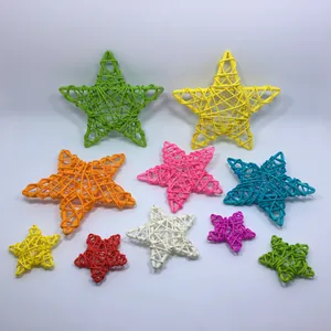 Detailed macro view of colorful 9cm woven rattan stars used for festive Christmas decoration