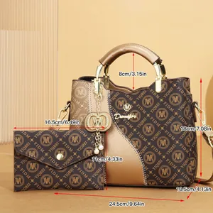 Large monogram tote bag with matching pouch and dimensions guide