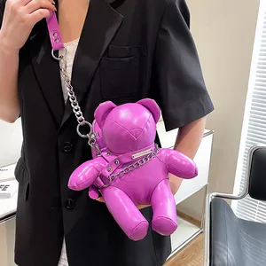 Nischen Design Teddybär Form Umhängetasche Für Damen Trendy PU Leder Puppe Handytasche Mit Metall Kette Riemen Punk Stil Accessoire