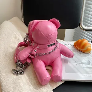 Trendige pinke Umhängetasche in Teddybär-Form mit Metallkette für Damen Mode