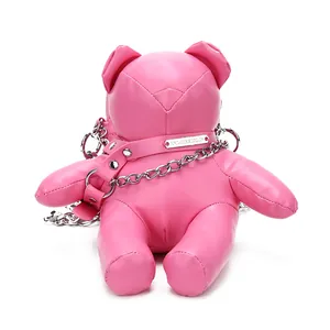 Trendige pinke Umhängetasche in Bärenform aus PU-Leder mit silberner Gliederkette
