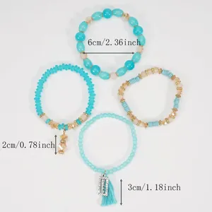 Vista dettagliata del set di 4 braccialetti di perline turchesi con misure in cm e pollici.