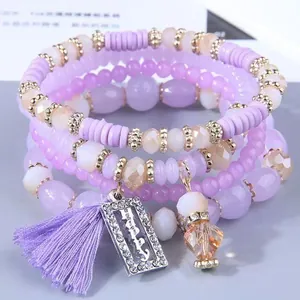 Bracciale Multistrato Bohemien di Perline per Donna Lega Happy Targhetta Letterale Strass Nappa Elastico Gioielli Bracciale