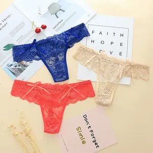 Sexy lace jacquard thongs for women in blue, red, and beige with cute bow details