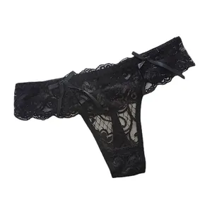 Sexy black floral lace thong with bow details for women, low waist transparent G-string