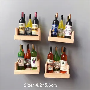 Set of 4 3D miniature wine bottle refrigerator magnets with decorative wooden shelves