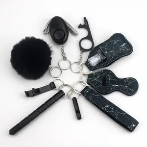 Juego de Llavero con Alarma de Seguridad Personal para Mujer Kit de Autodefensa con Muñequera Silbato Pompón para Protección Exterior