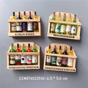 Set of detailed 3D miniature wine bottle refrigerator magnets with wooden racks and labels