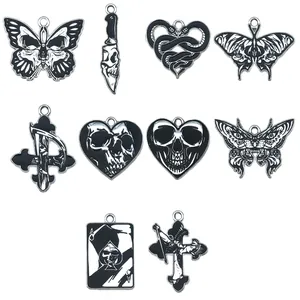 Collection of 10 gothic black enamel charms with skull butterfly and heart motifs