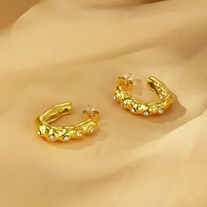 Pendientes de acero inoxidable dorado en forma de U con brillantes diamantes de imitación