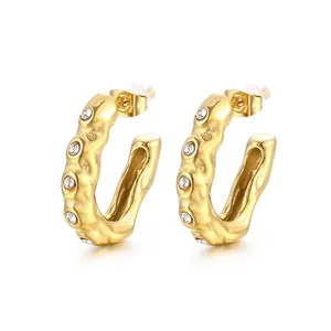 Elegantes pendientes de aro vintage franceses en forma de U de acero inoxidable con cristales