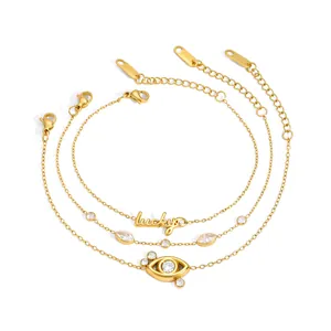 18K gold plated stainless steel evil eye and lucky layered bracelet set with zircon