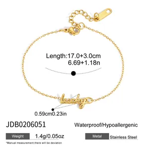 Detail of gold lucky bracelet with dimensions, weight, and stainless steel specs.