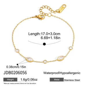 Detail view of 18K gold-plated stainless steel bracelet with zircon charms and dimensions.