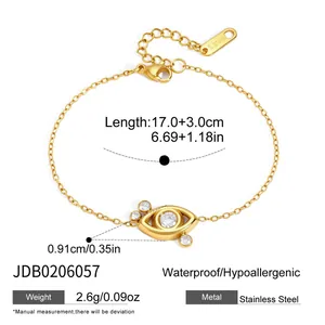 Detail view of 18K gold plated stainless steel evil eye bracelet with dimensions and weight