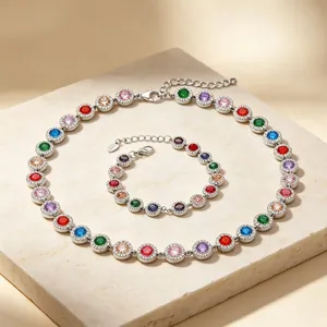 Exquisite multi-color halo crystal necklace and bracelet jewelry set in stainless steel