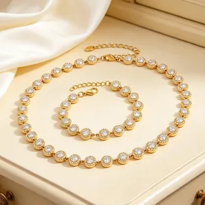 Titanium Steel Halo Rhinestone Necklace Bracelet Set Fashion Luxurious Round Crystal Jewelry Set For Women Party Gift