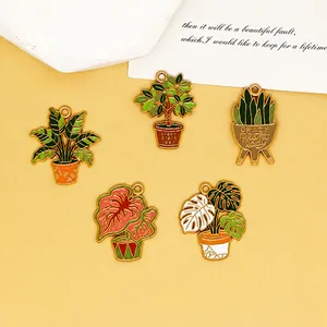 Breloques de Plantes en Pot pour Fabrication de Bijoux DIY Alliage de Zinc Émail Monstera Aloe Feuille de Bananier Pendentif pour Bracelet