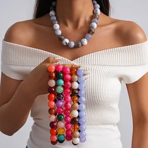 Collar de Cuentas de Acrílico Grueso para Mujer Estilo Dopamina Patrón de Mármol Lavado de Tinta Joyería Hecha a Mano