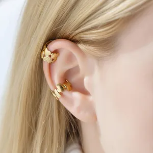 Gold stainless steel non-piercing ear cuffs with heart and geometric patterns