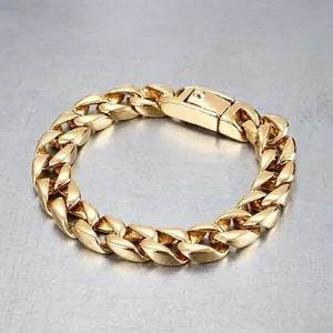 Pulsera de eslabones cubanos de acero inoxidable dorado para hombre con cierre de caja