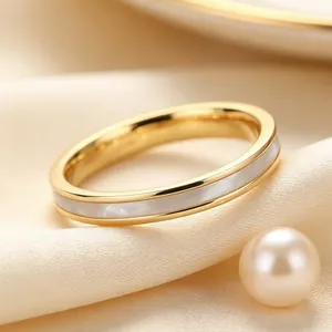 Women Stainless Steel Mother Of Pearl Inlaid Ring French Vintage Slim Stackable Band Ring Gold Rose Gold Silver Finger Jewelry
