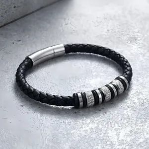 Men Braided Microfiber Leather Bracelet With Knurled Titanium Steel Beads Magnetic Clasp Industrial Style Wristband Jewelry
