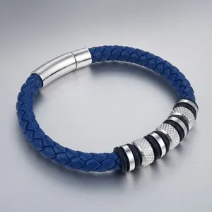 Blue woven leather bracelet for men with knurled steel beads and magnetic clasp