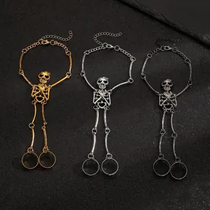 Gothic punk skeleton hand chain bracelet ring combo in gold, silver and black finish