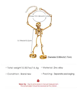 Detailed specs of gold skeleton hand bracelet with ring, gothic punk jewelry dimensions.