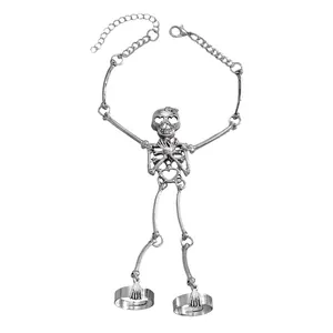 Vintage silver gothic skeleton hand bracelet with integrated double finger rings detail